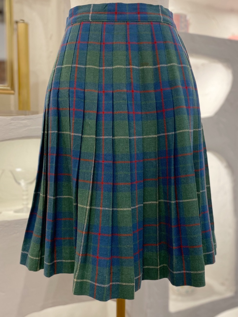 Vintage Scottish Tartan Green & Blue Plaid Pleated Knee Length Wool Kilt Skirt